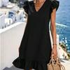 2025 Summer New European and American Style Solid Color V-neck Flying Sleeve Ruffle Edge Dress Women's Vacation Casual Temperament Dress