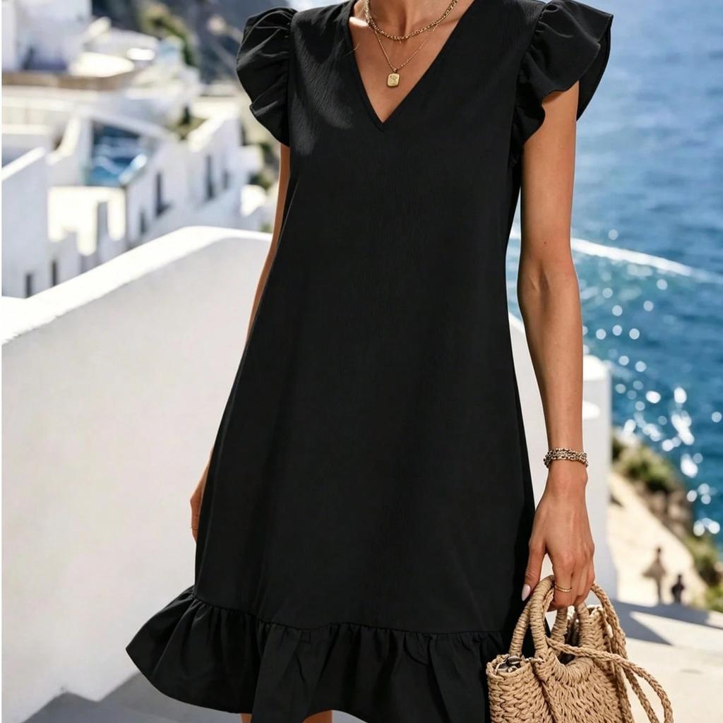 2025 Summer New European and American Style Solid Color V-neck Flying Sleeve Ruffle Edge Dress Women's Vacation Casual Temperament Dress