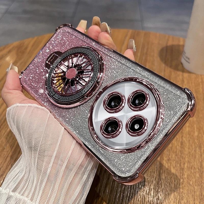 Capa Redmi14C Galvanizada com Glitter e Suporte Giratório com Giroscópio Para Xiaomi Redmi 14C 13 13C Note 12 12C 9 9C 10 10A 10C Capa Traseira de Luxo com Suporte