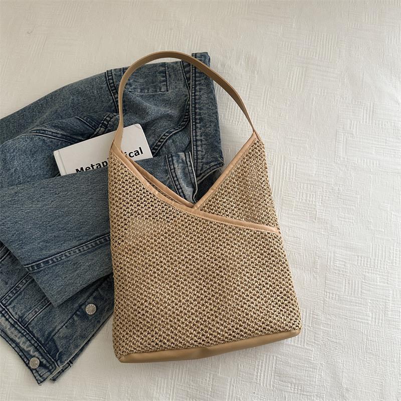 Vintage Woven Tote Bag Stylish Large Capacity Shoulder Bag For Women In Black White Brown And Khaki