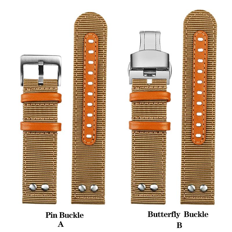 Nylon+Leather Watchband For Sei-ko Hamilton Khaki Aviation Beyond Wind Series Canvas with Rivet Military Watch Band Strap 22mm