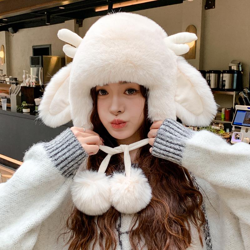 Autumn and winter hats, female Christmas antlers, plush hats, winter warm ear hats, thickened and cold-proof.