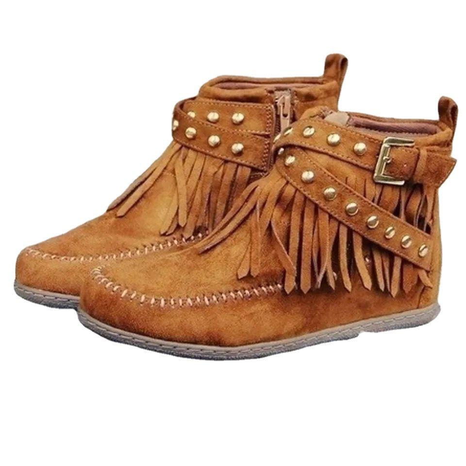 2022 Sonbahar/Kış Kadın Püsküllü Zımbalı Düz Botlar - Avrupa/Amerikan Stili