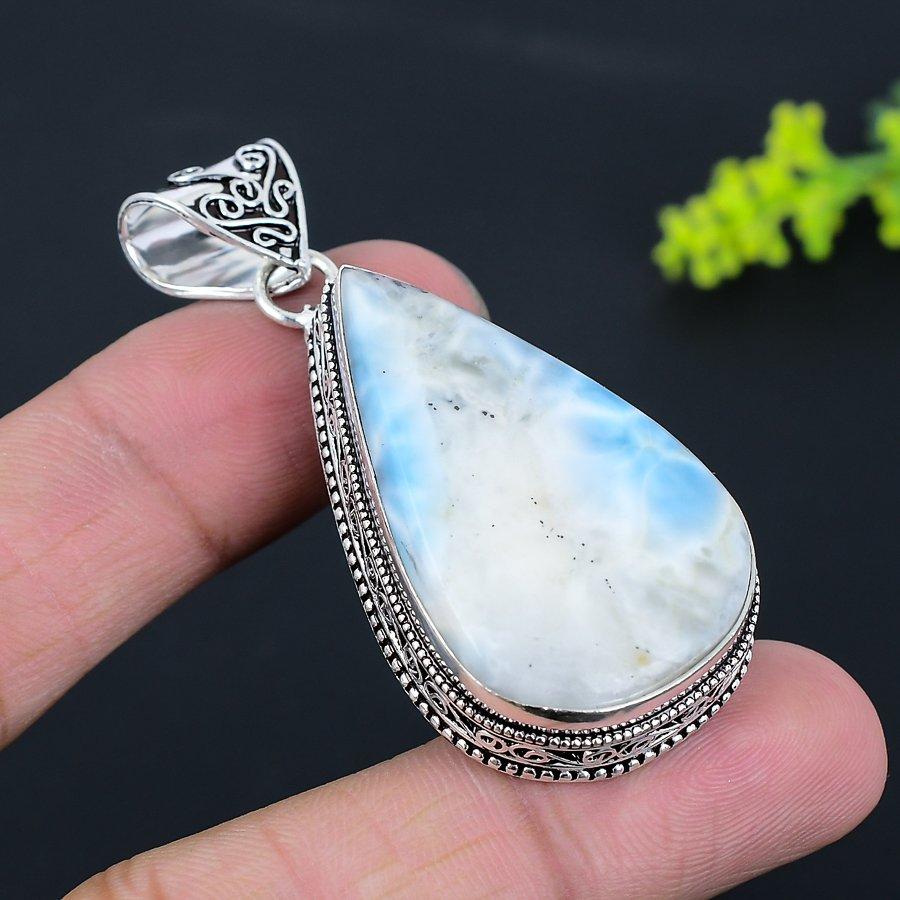 République Larimar Pierre Précieuse Fait Main Argent Sterling 925 Pendentif 2.36" m1d02