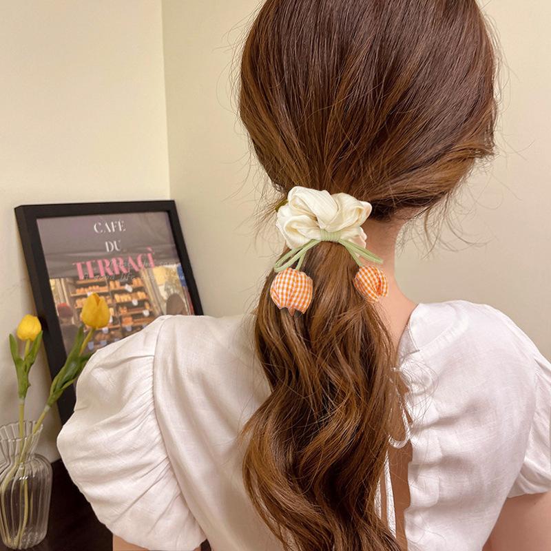 Tulip Large Intestine Hairband Head Rope Female Tie Ponytail Leather Tie Hair Rope Butterfly Knot Satin Sweet and Cute Headwear