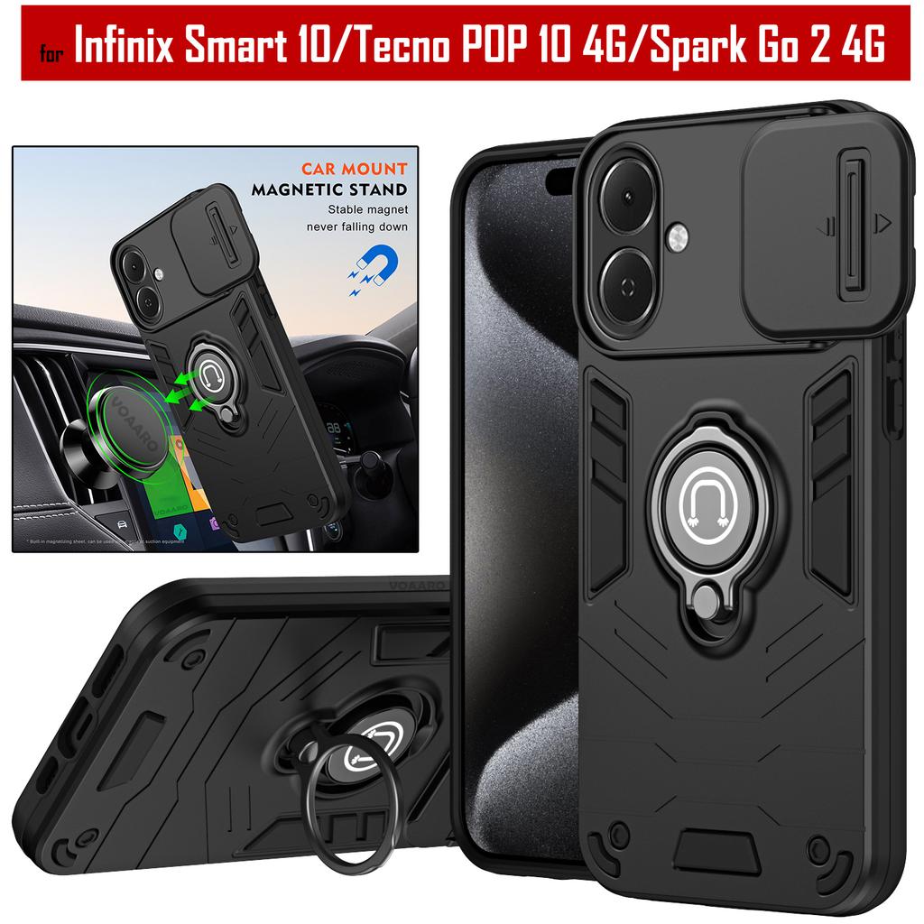 Skyvelinsedeksel for Infinix Smart 10 4G-deksel Magnetisk ringbrakett Støtte Deksel for Teccno Pop 10 Spark Go 2 4G-deksel
