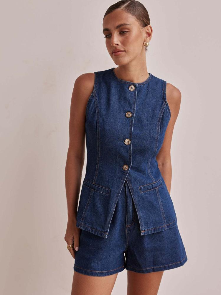 Spring Summer Fashion Sleeveless Waist High Waist Loose Cowboy Shorts Set