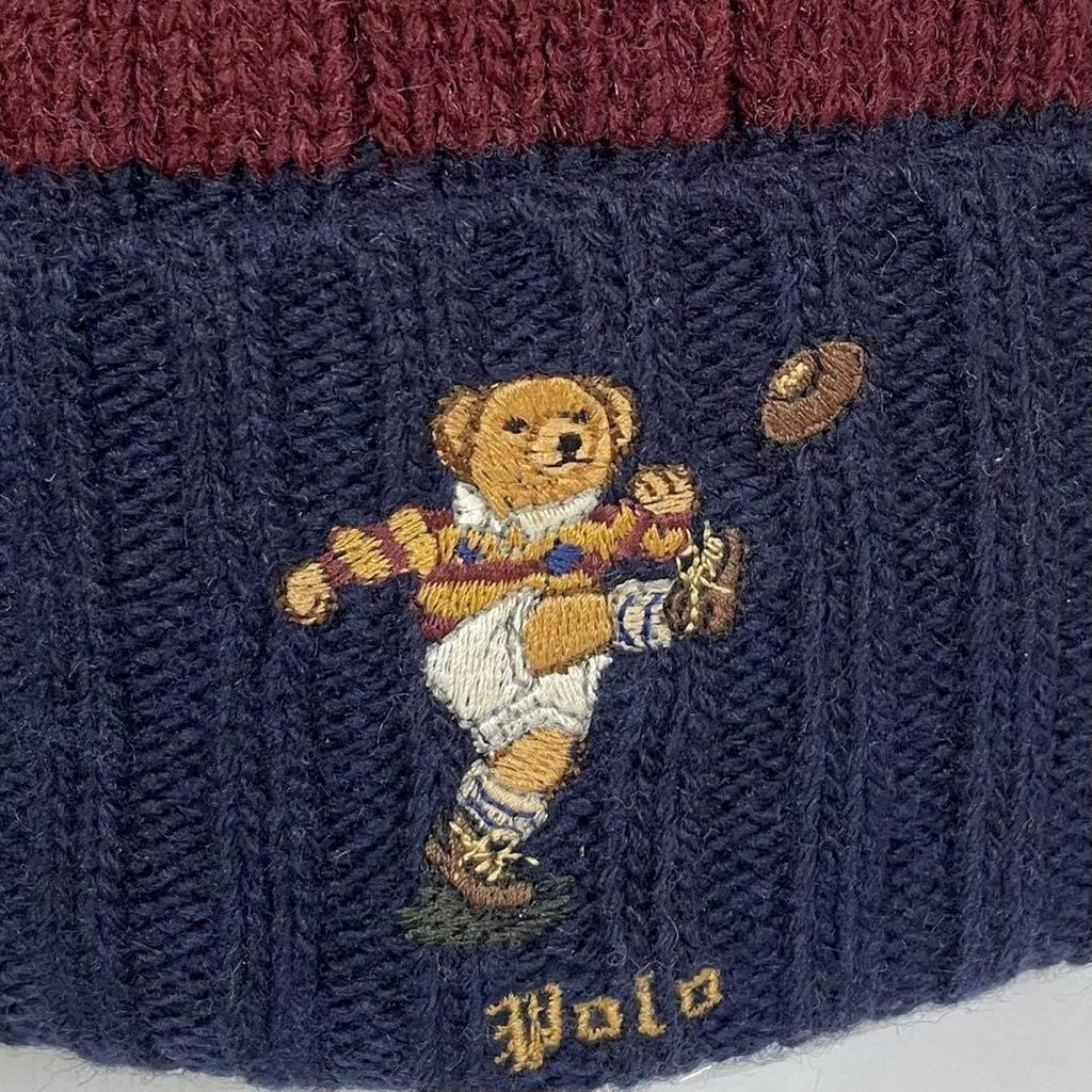 Used Polo Ralph Lauren Knit Cap Beanie Polo Bear with Tag Unused Rugby Border Knit Cap POLO