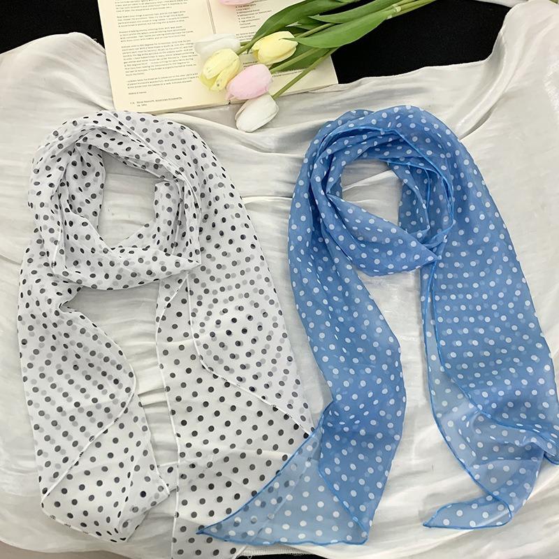 Silk scarf long strip high-end new thin and narrow strip polka dot silk scarf decorative scarf tied bag ribbon versatile belt
