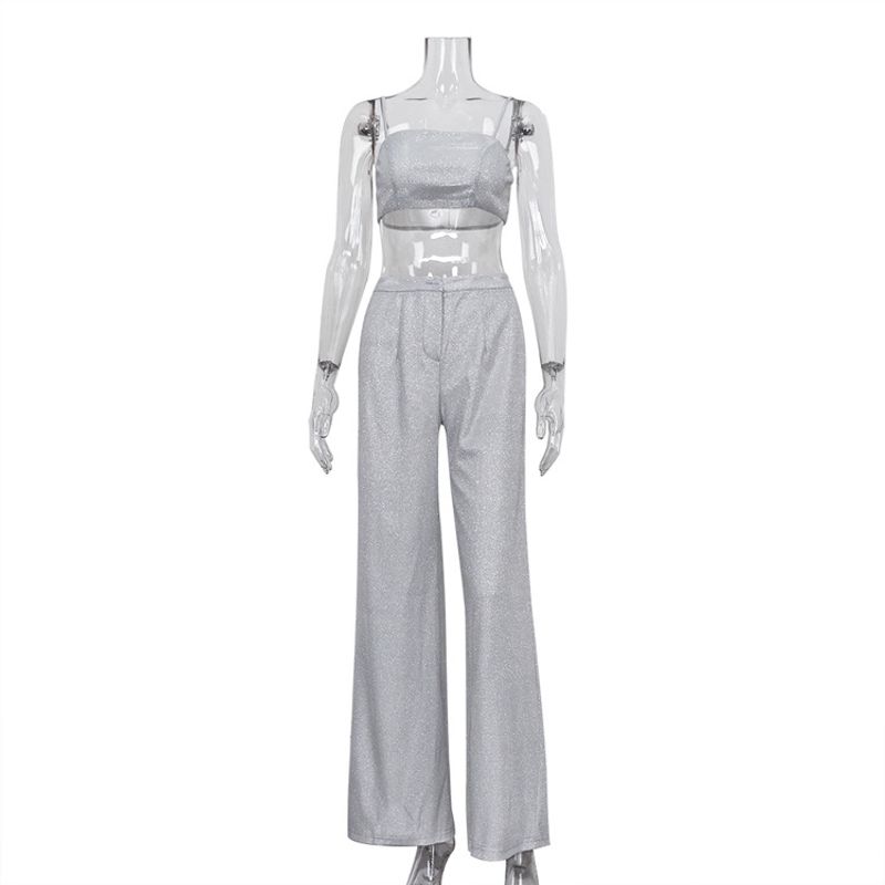 

Fashion Wind Sexy Sexy Sling Vest Pants Suit Suspender Vest Trousers Suit Silver S