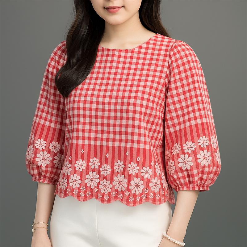 

ZANZEA Женская повседневная блузка с круглым вырезом и рукавом 3/4, свободная клетчатая блузка S