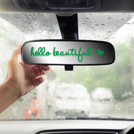 Sada 4ks nálepek na zpětná zrcátka Hello Beautiful Letters Self Afirmace Reflexní růžové vinylové samolepky na auto pro ženy