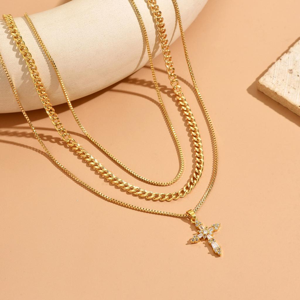 Cross pendant necklace European and American style multi-layer stacking design sweet and cool personality collarbone chain necklace