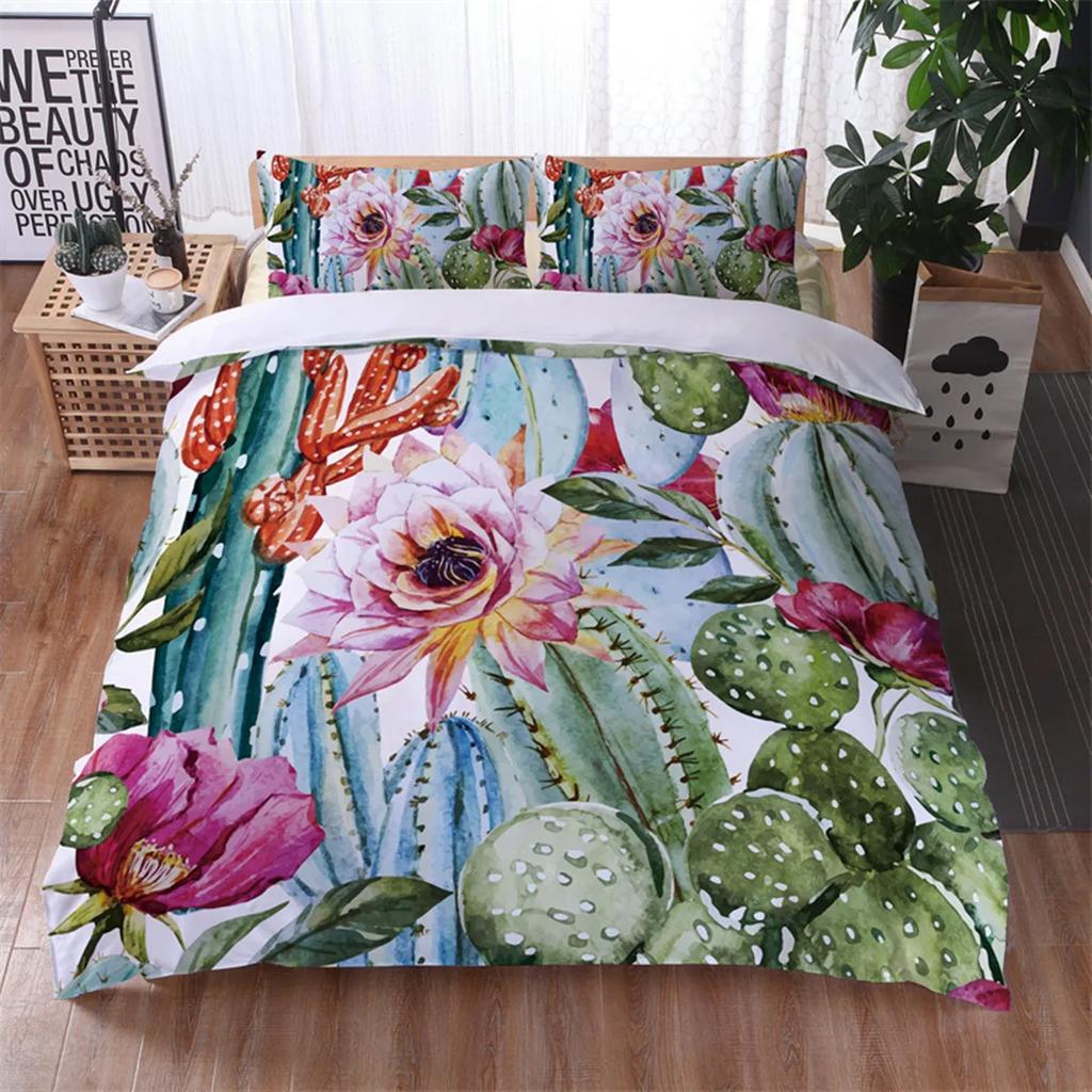 Cartoon Green Cactus Potted Duvet Cover Polyester Green Plant Cute Tropical Plant for Children Boy Girl for Bedroom Decorations