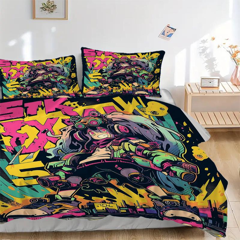 3pcs Vivid Skateboarder Graffiti Art Quilt Cover Set - Soft & Comfortable Polyester Fabric, All-Season Breathable Comforter Set For 1 Quilt Cover