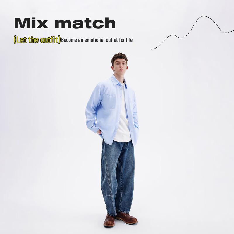 NVG·YOUNG Men's Washed Blue Loose Fit Curved Straight Leg Denim Jeans