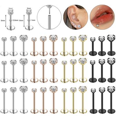 European-Style Flat-Bottom Zircon-Studded Pin-Type Lip Studs, Nose Studs, Ear Studs, Ear Cartilage Studs, Titanium Steel 20G/0.8Mm Jewelry for Women