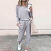 Sets For Women 2 Piece Round Neck Long Sleeve Shirts Colid Sweatpants Pocket Sets