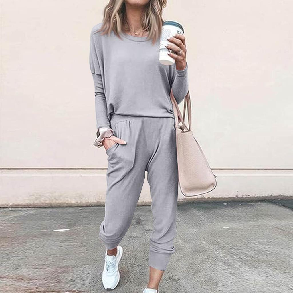 Sets For Women 2 Piece Round Neck Long Sleeve Shirts Colid Sweatpants Pocket Sets