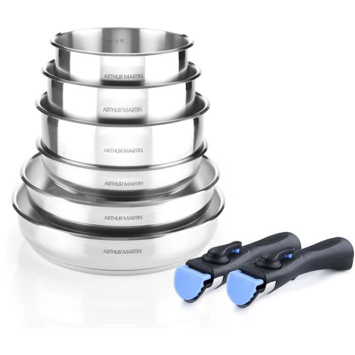 Induktionskochgeschirr - Arthur Martin - AM5538 - Edelstahl - 8 Teile - Abnehmbarer Griff - Für alle Herdarten, einschließlich Induktion