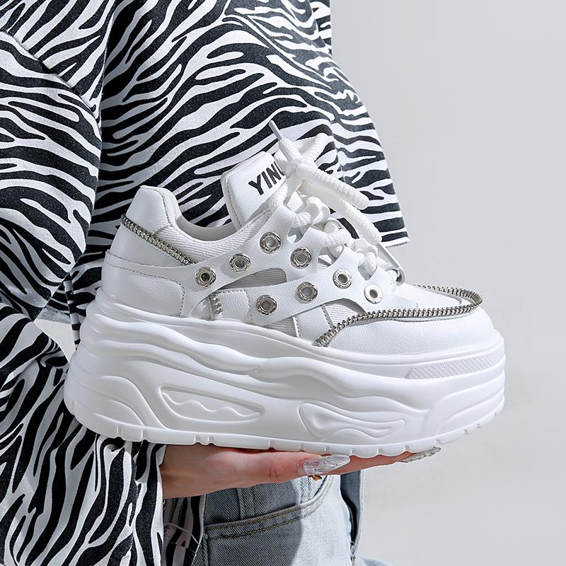 Fashion 2025 New 8cm High-Heel Leather Women's Shoes, Chunky Sneakers with Wedge Platform Design, Suitable for Autumn and Spring Seasons