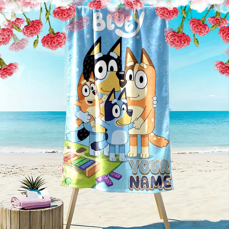 Name Custom Bluey Cartoon Print Beach Towel, Large Soft Quick Dry Towel for Beach Camping Swimming