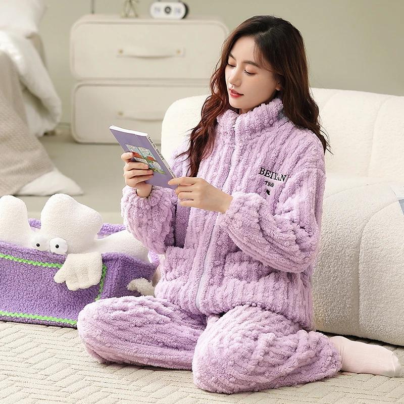 Vinter Tykk Flanell Pyjamas for Kvinner Kvinne Ensfarget Myk Nattøy Varm Velur Cardigan Hjemmeklær Jente Nattøy