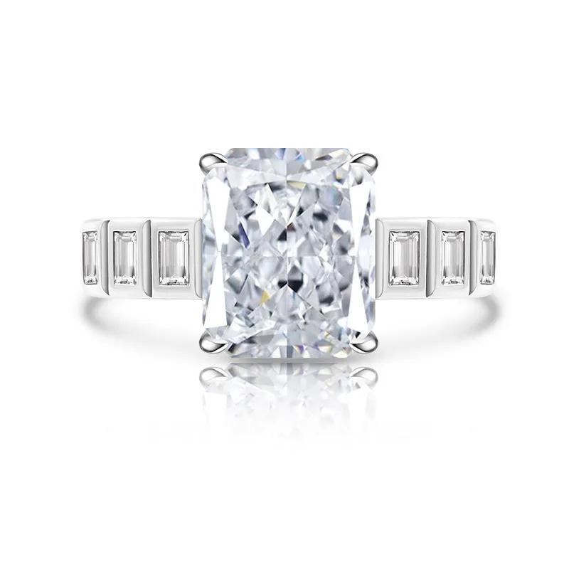 925 Sterling Silver Light Luxury Versatile Square Ice Flower Cut Ring Inlaid with Crystal Zircon Ladies Jewelry Gift белый