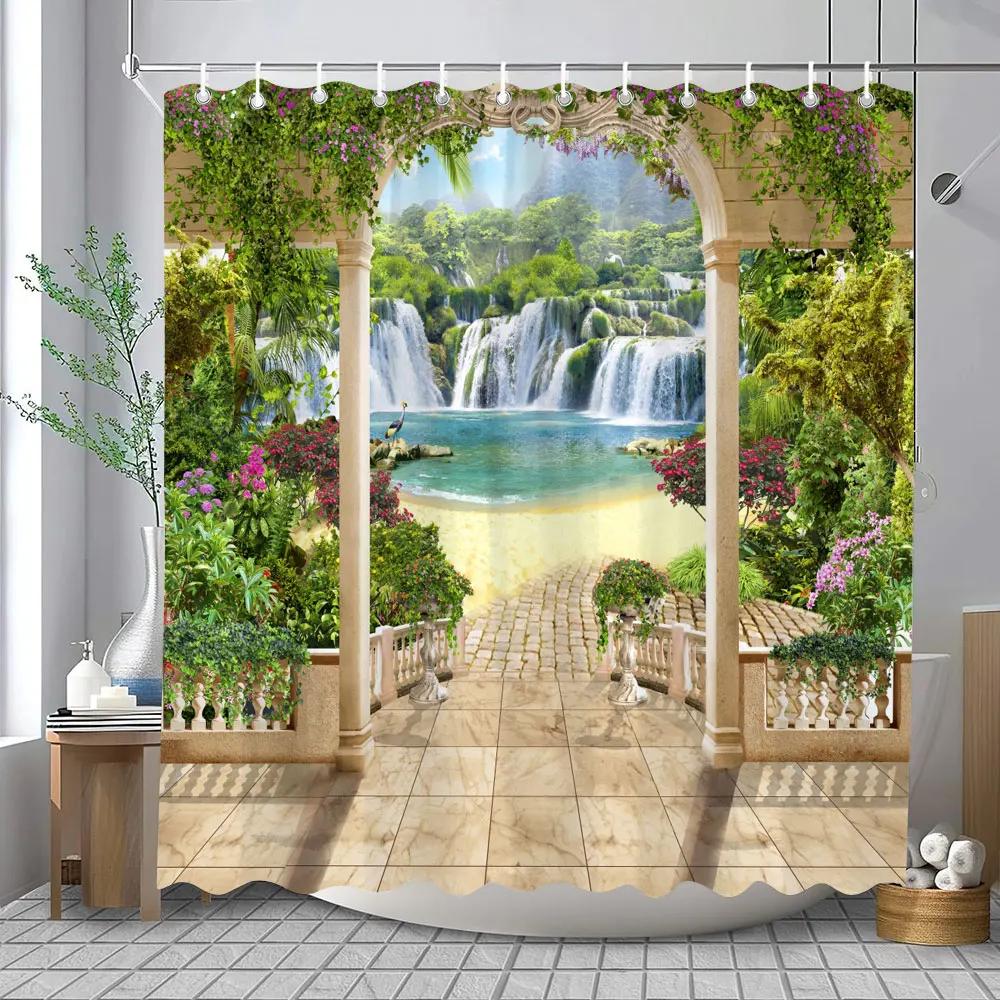 Outdoor Garden Landscape Shower Curtain Lapa Old Town Coastal Landscape Mediterranean Landscape Shower Curtains Bathroom Decor