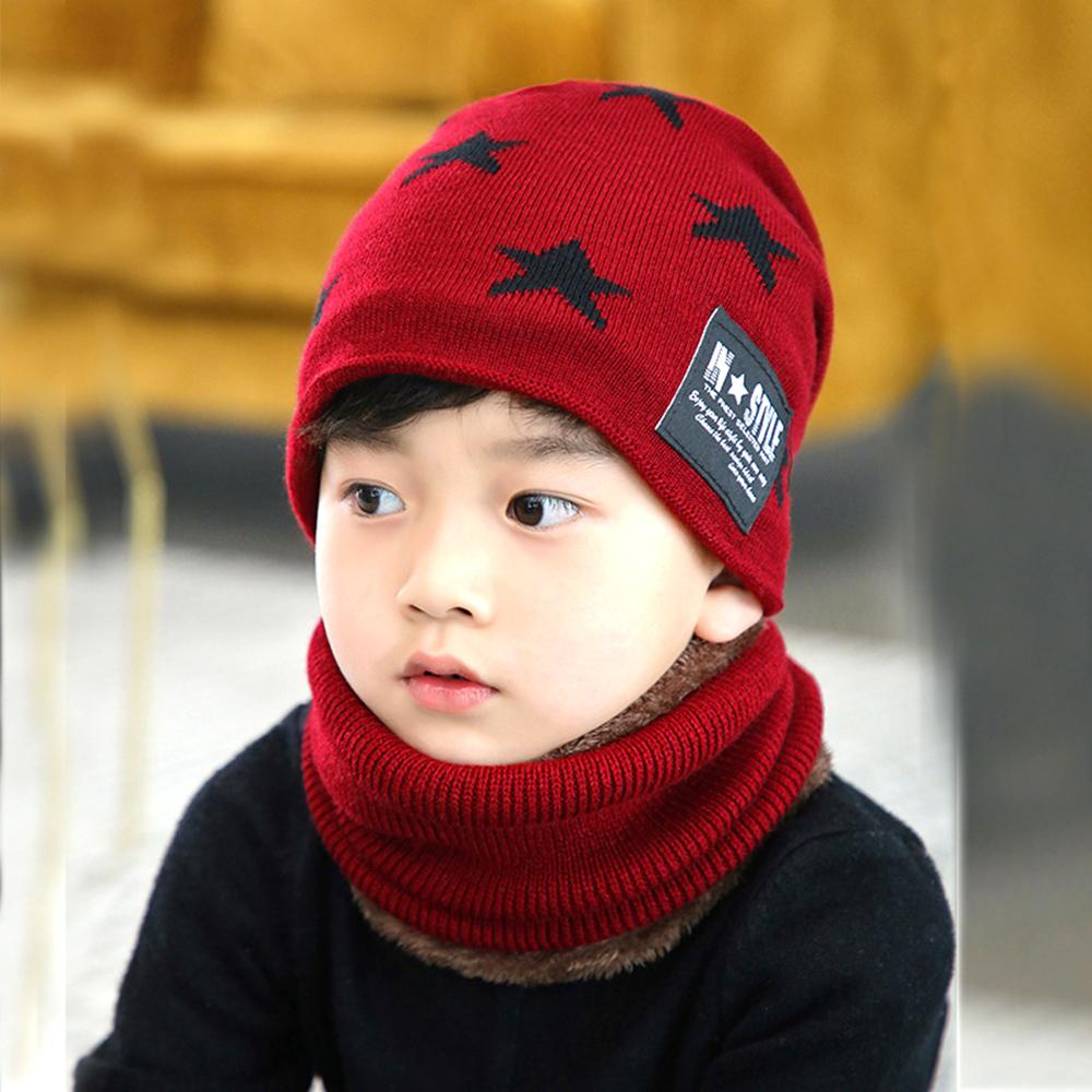 Children's Winter Woolen Hats Scarf Set Baby Boys Girls Korean Thick Warm Knitted Star Pattern Beanie Hat Kids 5-10Years