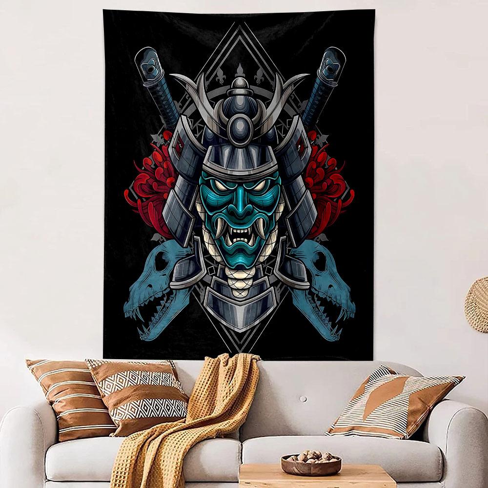 Samurai Mask with Swords and Skulls Patterned Tapestry Decorative Wall Hanging, Home Bedroom Living Room Decor