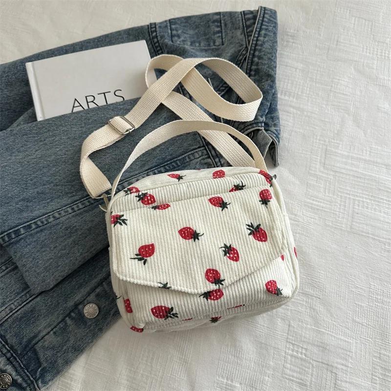 

Cute Strawberry Printing Women’s Shoulder Bag Large Capacity Corduroy Hobos Crossbody Bag Female Shopping Work Date Party Bags