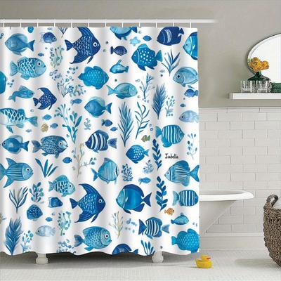 1pc Blue Fish Pattern Shower Curtain - Machine Washable Fabric with Hooks, Playful Marine Life Design for Hotel Bathroom Decor