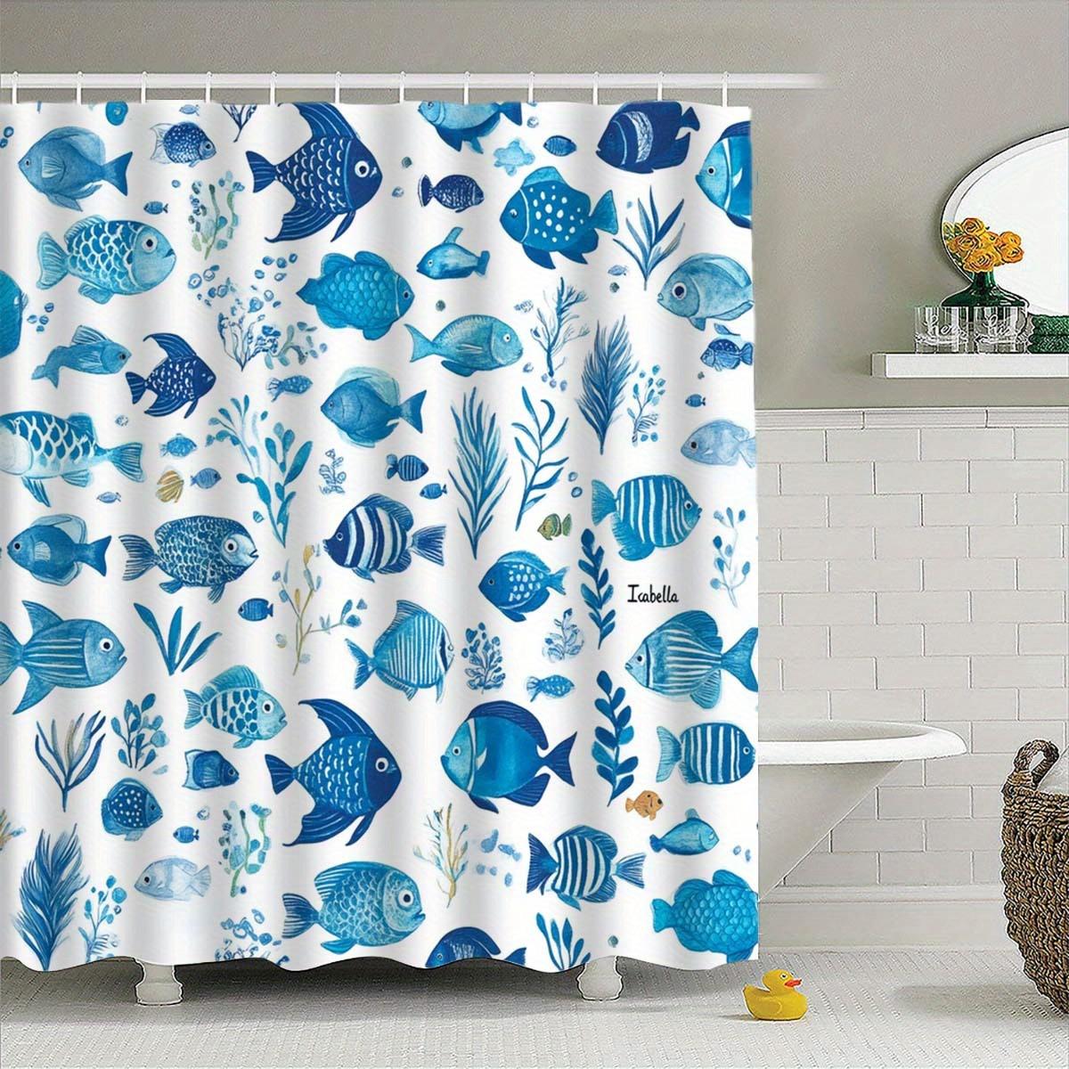 

1Pc Blue Fish Pattern Shower Curtain - Machine Washable Fabric With Hooks, Playful Marine Life Design For Hotel Bathroom Decor W60H190(CM)-1 Pcs