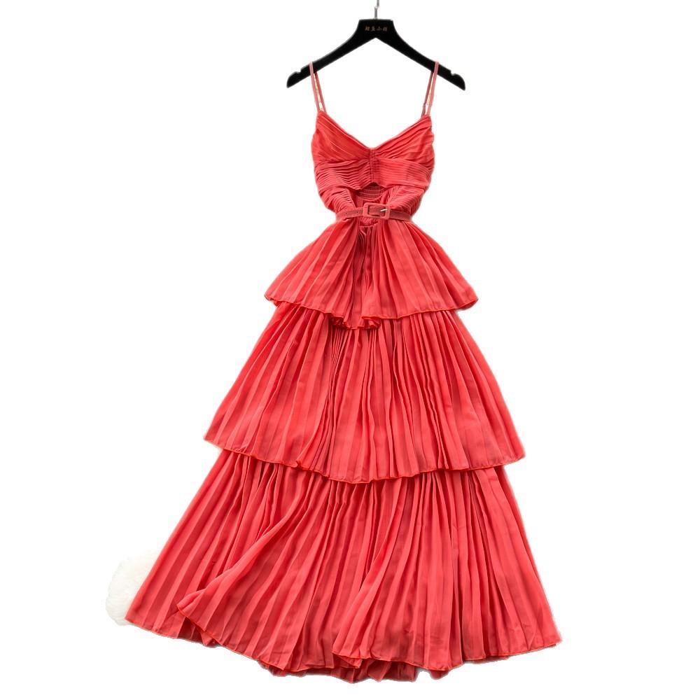 Red suspender layered pleated dress women's summer French vacation style waist ruffle edge cake dress slim dress