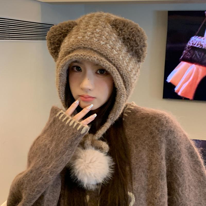 Winter Hat Girl Cute Bear Plush Hat Windproof and Warm Integrated Hat Hairball Cold-proof Knitted Hat
