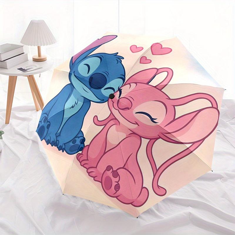 Stitch,Angel Automatic Folding Umbrella   Simple 8 Rib Design, Bright Cartoon Pattern, Durable Iron Frame, Suitable For Travel, Outdoor, Bea