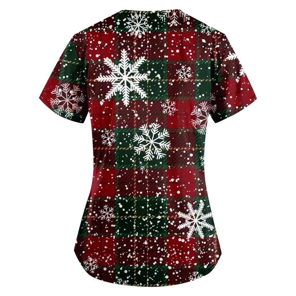 Bedruckte Oberteile für die Arbeitsuniform in Übergröße für Damen, V-Ausschnitt, Weihnachtsdruck, kurzärmlig, lustiges Arbeits-T-Shirt mit Taschen