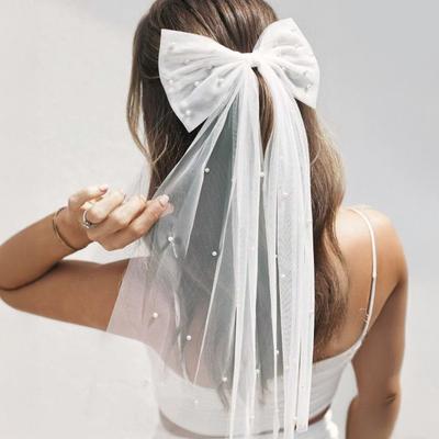 Pinza para el pelo de novia con lazo perla sintética velo tocado de boda tul blanco día de la boda luna de miel accesorio para el cabello