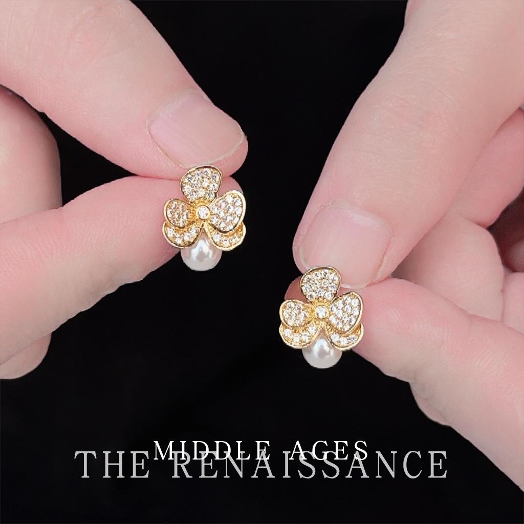 Full of zircon flower stud earrings light luxury celebrity style pearl earrings earrings