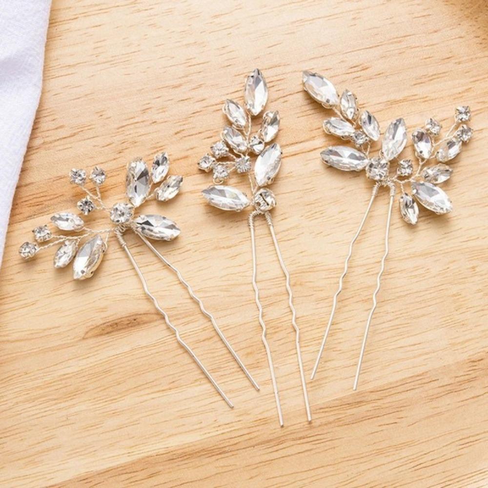 3pcs Handmade Rhinestone Hairpin Elegant Women Tiara Stylish Wedding Head Jewelry  Girl серебряный