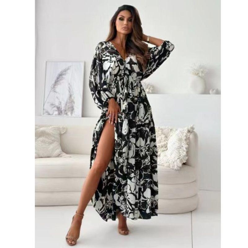 

Bohemia Deep V-neck Sexy Sexy Shoelace Backless Waist Trimming Big Flower Loose 3/4 Sleeve Dress Long Dress for Women Black S