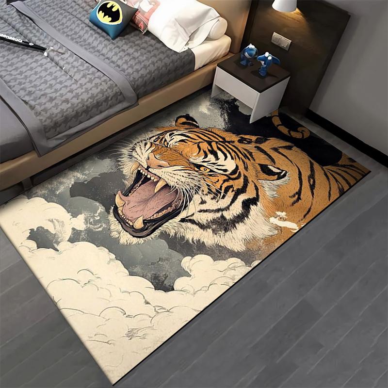 Fierce Tiger Printed Carpet with Clouds, Modern Animal Design Rug Suitable for Use As an Anti-slip for Living Room Bedroom Sofas