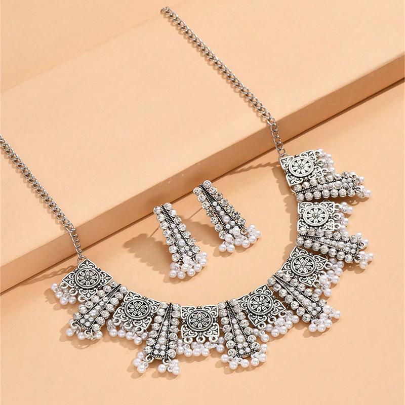 Etniczny Vintage Zestaw Cyrkonów Dla Kobiet Kryształowe Inkrustowane Zestawy Cyrkonów Naszyjnik z Koralików Frędzli Zestaw Kolczyków Damski Prezent