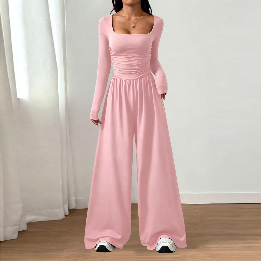 Women's Fashion Casual Long Sleeve Square Neck Wide Leg Jumpsuit Slim Fit Color