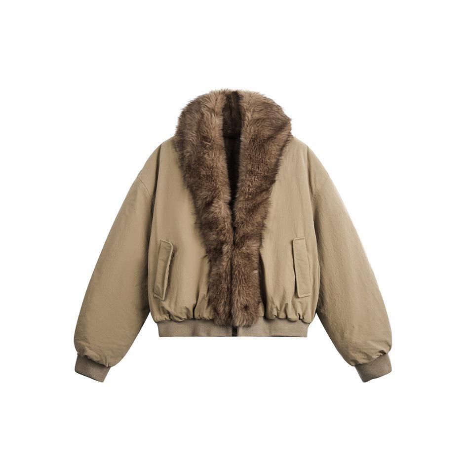 OUSWE Ретро Женская/Мужская Короткая Хлопковая Куртка с Меховым Воротником - Теплая Зимняя Свободного Кроя Large хаки