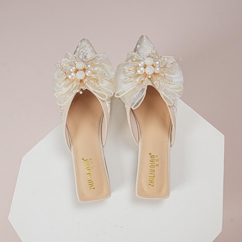 Fashion Cover Toe Big Size Shoes Low Slippers Flat Slides Slipers Women 2025 Pointed Fabric Hoof Heels Bling Rubber PU Silk Shoes Womens