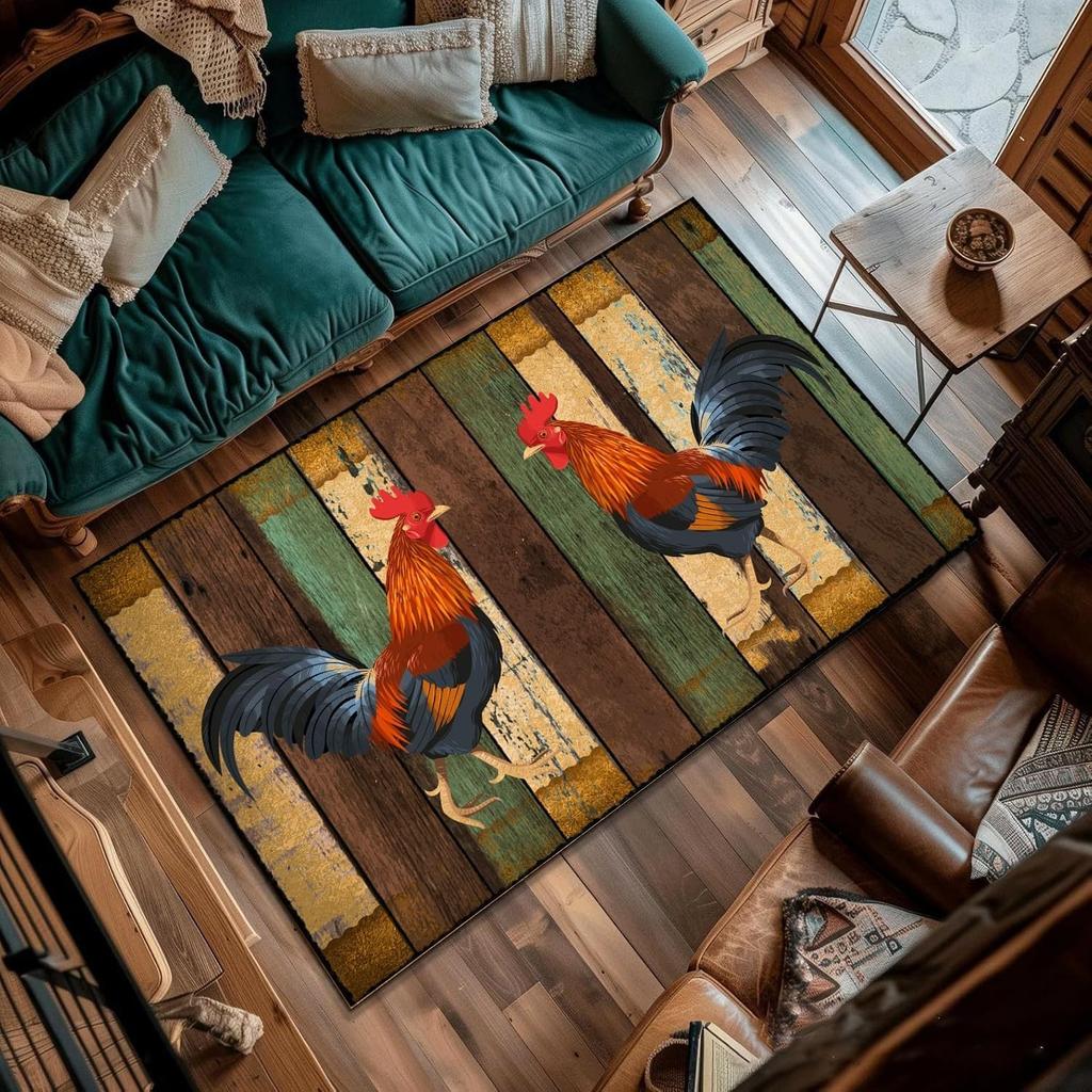 Village Country Rooster Rug Living Room Non-Slip Rustic Area Rug Modern Chicken Carpet Cock Mat, Soft Farmhouse Home Decor Rugs