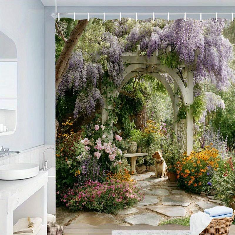 Garden Scene Shower Curtain Floral Arch Purple Wisteria Waterproof Bathroom Decor Nature Theme Home Textile Artistic Desig