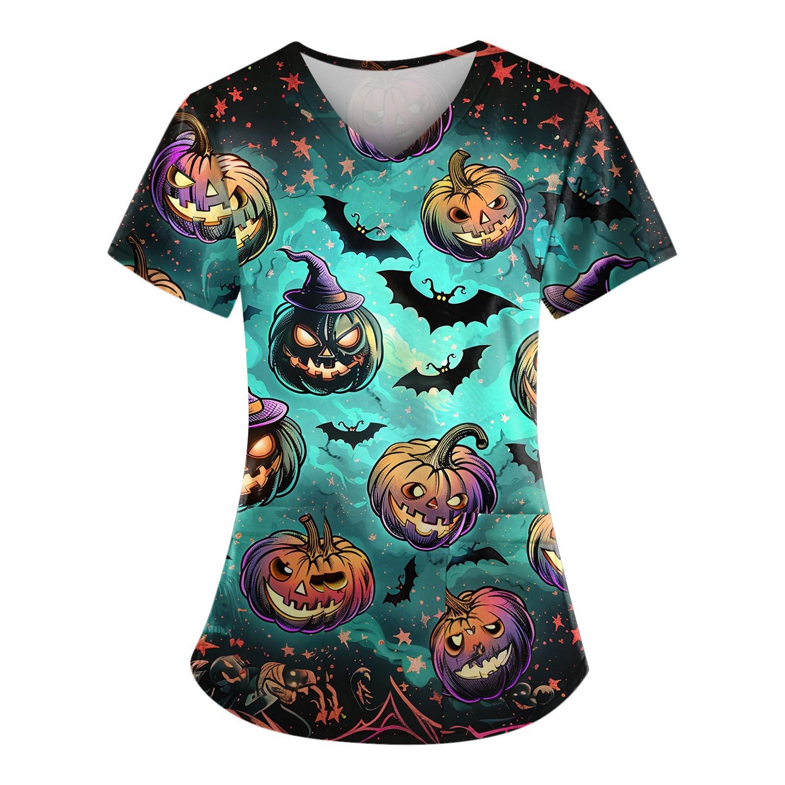 

Женский V-образный вырез, модный повседневный топ с принтом на Хэллоуин, топ Dry-nurse L циан